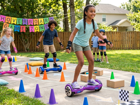 Kids playing fun hoverboard games at home