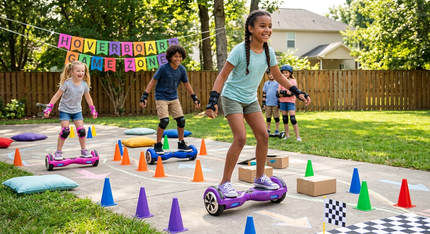 Kids playing fun hoverboard games at home